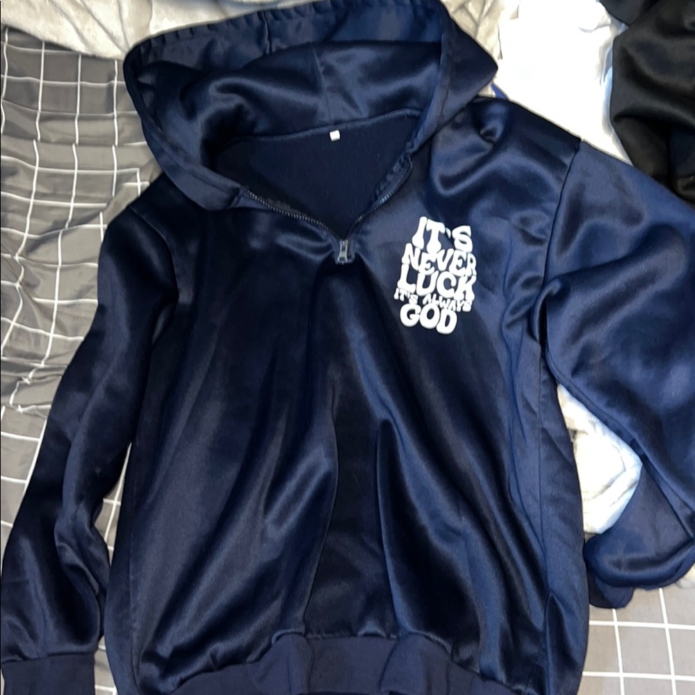 Blue Zip-Up Hoodie Sweatshirt with Decorative Patch